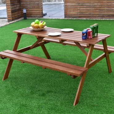 Outdoor Solid Pine Wood Picnic Table W / Attached Bench