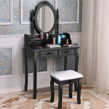 Bedroom Mirror Wood Makeup Table Stool Set