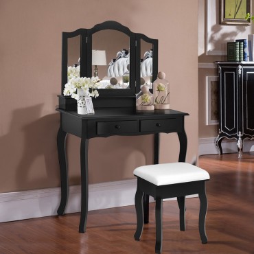 4 Drawers Wood Mirrored Vanity Dressing Table With Stool