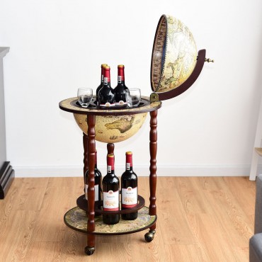 17 In. Italian Style Wooden Globe Liquor Bottle Wine Rack