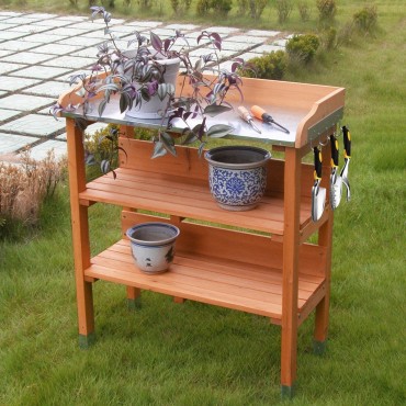 Garden Wooden Potting Bench Work Station With Hook