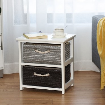 Wooden Storage End Nightstand With Weaving Baskets