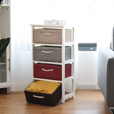 Wooden Storage End Nightstand With Weaving Baskets