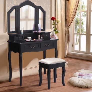 Vanity Makeup Dressing Table With Tri Folding Mirror Plus 4 Drawers