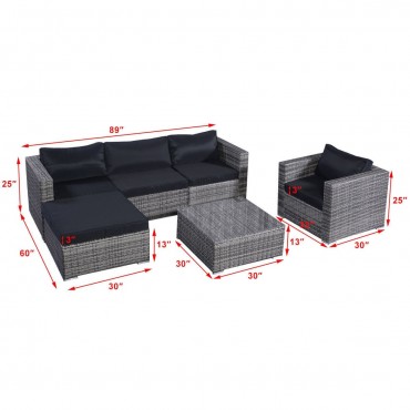 6 Pcs Gray Wicker Rattan Seat Cushioned Set