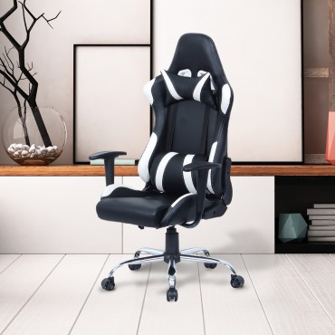 Black And White Gaming Chair With Head-Rest Pillow