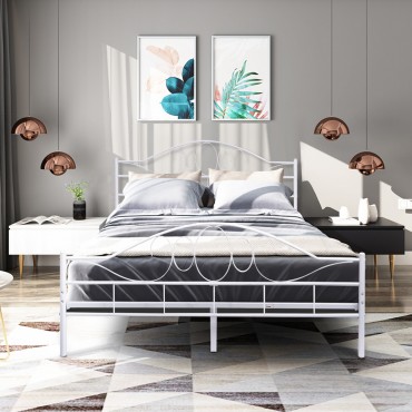 White Steel Bed Frame With Wood Slats And Arched Headboard