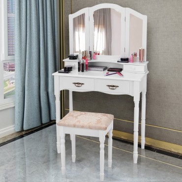 Vanity Makeup Dressing Table With Tri Folding Mirror