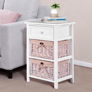 3 Tiers Wooden Storage Nightstand With 2 Baskets And 1 Drawer