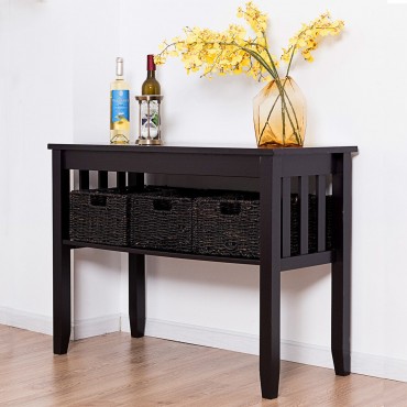 Wooden Rectangular Side Storage Table With 3 Storage Baskets