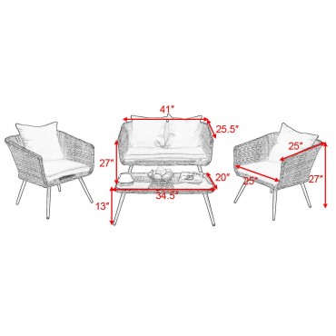 4 Pcs Grey Rattan Wicker Furniture Set