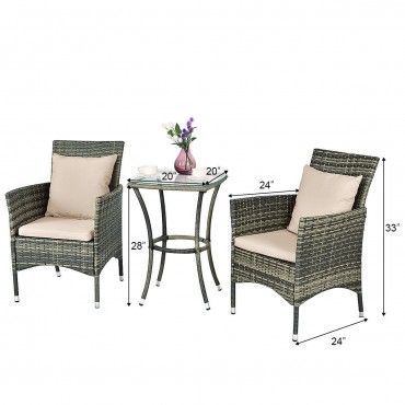 3 Pcs Patio Rattan Chairs And Table Set With Cushions