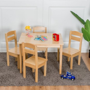 5 Pcs Kids Pine Wood Table Chair Set