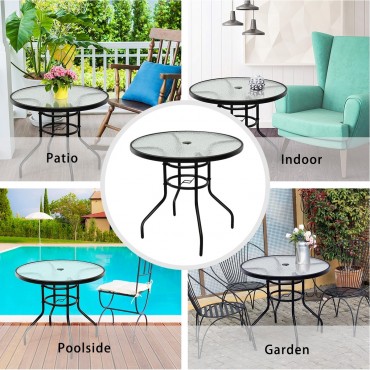 32 In. Patio Tempered Glass Steel Frame Round Table
