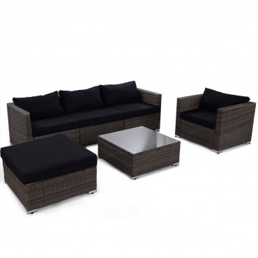 6 Pcs Patio Rattan Wicker Sectional Furniture Set W / Black Cushion