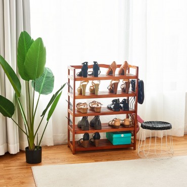 5-Tier Wooden Entryway Storage Shoe Rack With 6 Shoe Stretchers