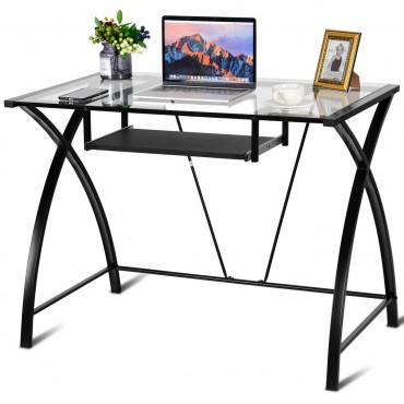Clear Glass Top Computer Desk With Pull-Out Keyboard Tray