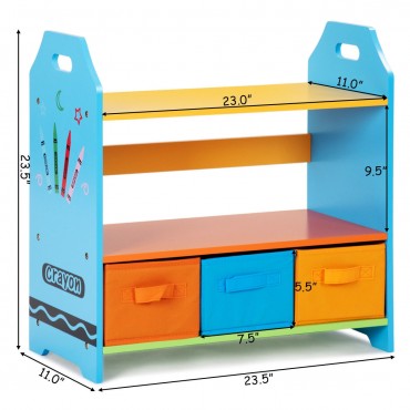 2 Tiers Crayon Themed Bookshelf With 3 Storage Bins