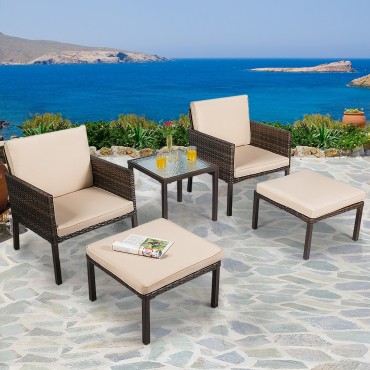 5 Pcs Rattan Patio Ottoman Cushioned Garden Furniture Set Chairs
