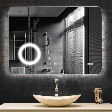 LED Touch Button Wall-Mounted Makeup Mirror W / Clock