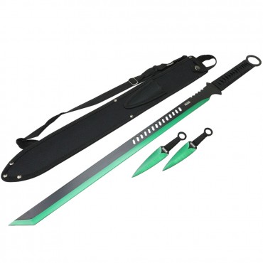 27 in. Green 2 Tone Blade Sword with 2 Throwing Knives and Sheath