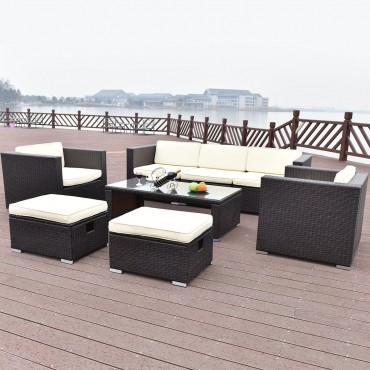 8 Pcs Outdoor Patio Rattan Wicker Cushioned Furniture Set