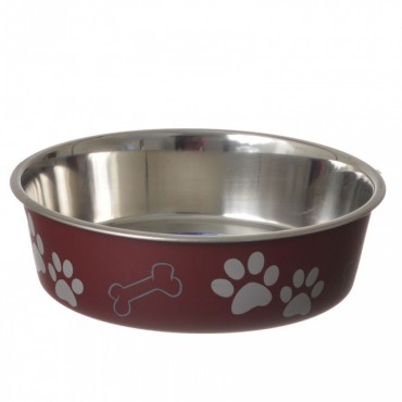 Loving Pets Stainless Steel and Merlot Dish with Rubber - Base Medium - 6.75 Diameter
