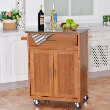 Wooden Kitchen Rolling Storage Cabinet With Stainless Steel Top