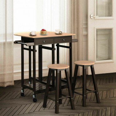 3 Pcs Rolling Kitchen Island Cart With 2 Stools