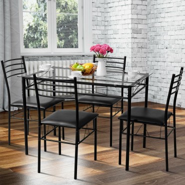 5 Pcs Dining Glass Top Table And 4 Upholstered Chairs