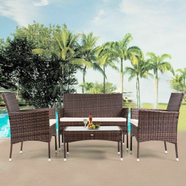 Rattan Patio Furniture Set Glass Top Table Cushioned Seat