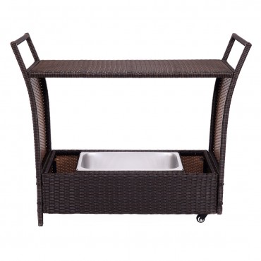 Rattan Patio Rolling Kitchen Trolley Cart With Storage Box