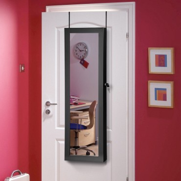 Lockable Wall Door Mounted Mirror Jewelry Cabinet W / LED Lights