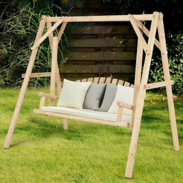 Rustic Wooden Porch Swing Bench With A-Frame Stand Set