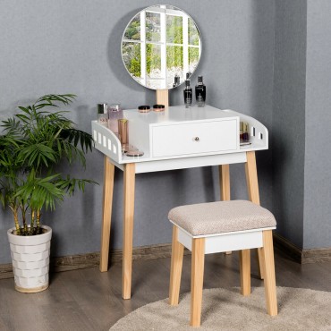 Wooden Makeup Dressing Mirror Table Set With 1 Drawer