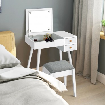 Vanity Table Set With Flip Top Mirror Makeup Desk With Stool