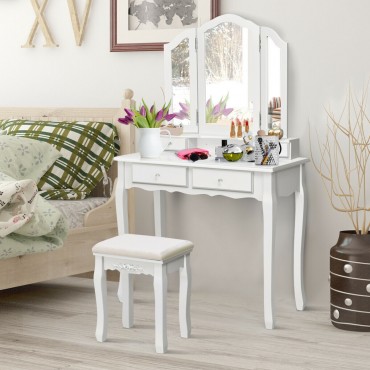 Tri Folding Mirror Vanity Table Stool Set With 4 Drawers