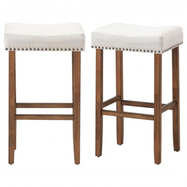 2 Pcs 29.5 in. Saddle Bar Stools With Fabric Seat And Wood Legs