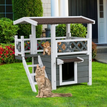 2 - Story Outdoor Weatherproof Wooden Cat House