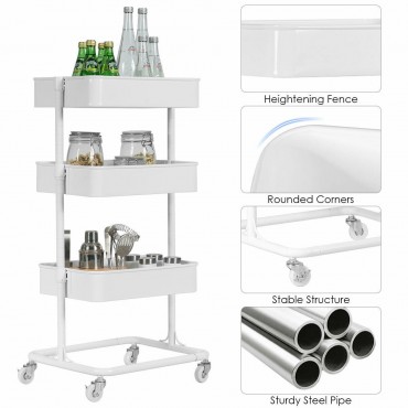 3-Tier Metal Storage Cart Mobile Organizer With Adjustable Shelves