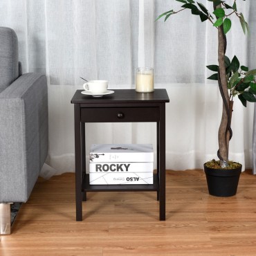 Bamboo Nightstand End Table With Drawer Storage Shelf