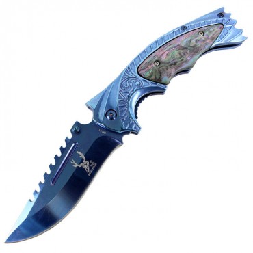 TheBoneEdge 8.5 in. Spring Assisted Knife with Ridged Top Edge Blue Good Quality