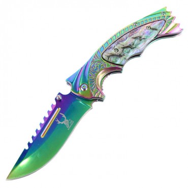 TheBoneEdge 8.5 in. Spring Assisted Sharp Knife with Ridged Top Edge Rainbow