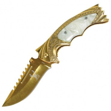 TheBoneEdge 8.5 in. Spring Assisted Knife with Ridged Top Edge Gold Good Quality