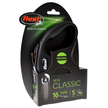 Flexi New Classic Retractable Tape Leash - Black - Small - 16 in. Lead - Pets up to 33 lbs