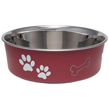 Loving Pets Stainless Steel and Merlot Dish with Rubber Base - Small - 5.5 Diameter