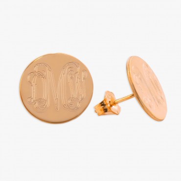 Yellow or Rose Gold Over Sterling Silver Monogram Engraved Stud Earrings