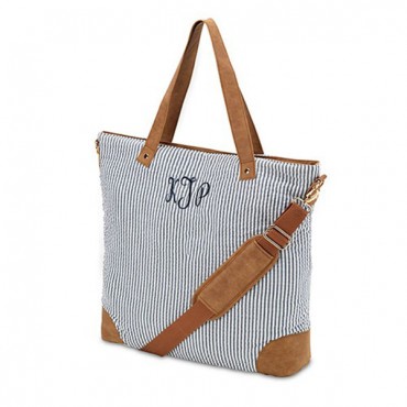 Personalized Large Cotton Tote Bag With Faux Leather Trim - Navy & White Stripe