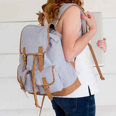 Large Personalized Cotton Backpack With Faux Leather Trim - Navy & White Stripe