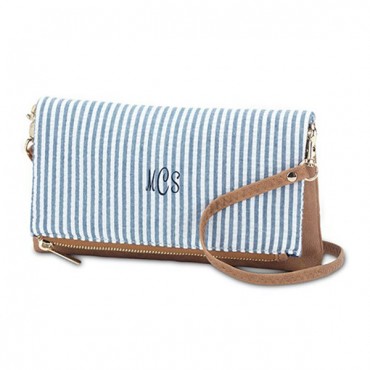 Small Personalized Cotton Clutch Purse With Faux Leather Trim - Blue And White Stripe